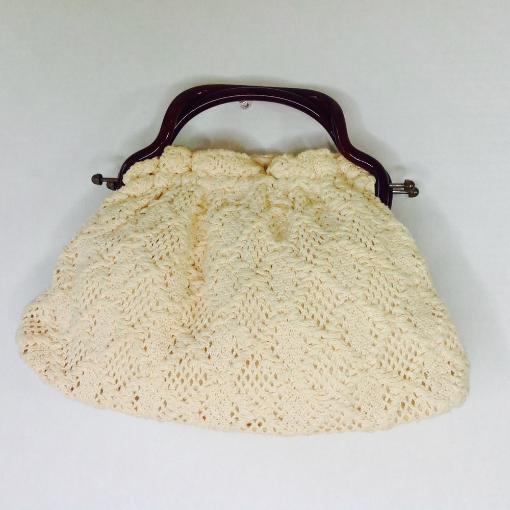 Vintage Crochet Beige Handbag Ivory Knit Lucite